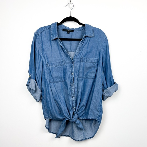 Harve Benard Tops - Harvé Benard Blue Denim Style Half Sleeve Button-down with Tie-front